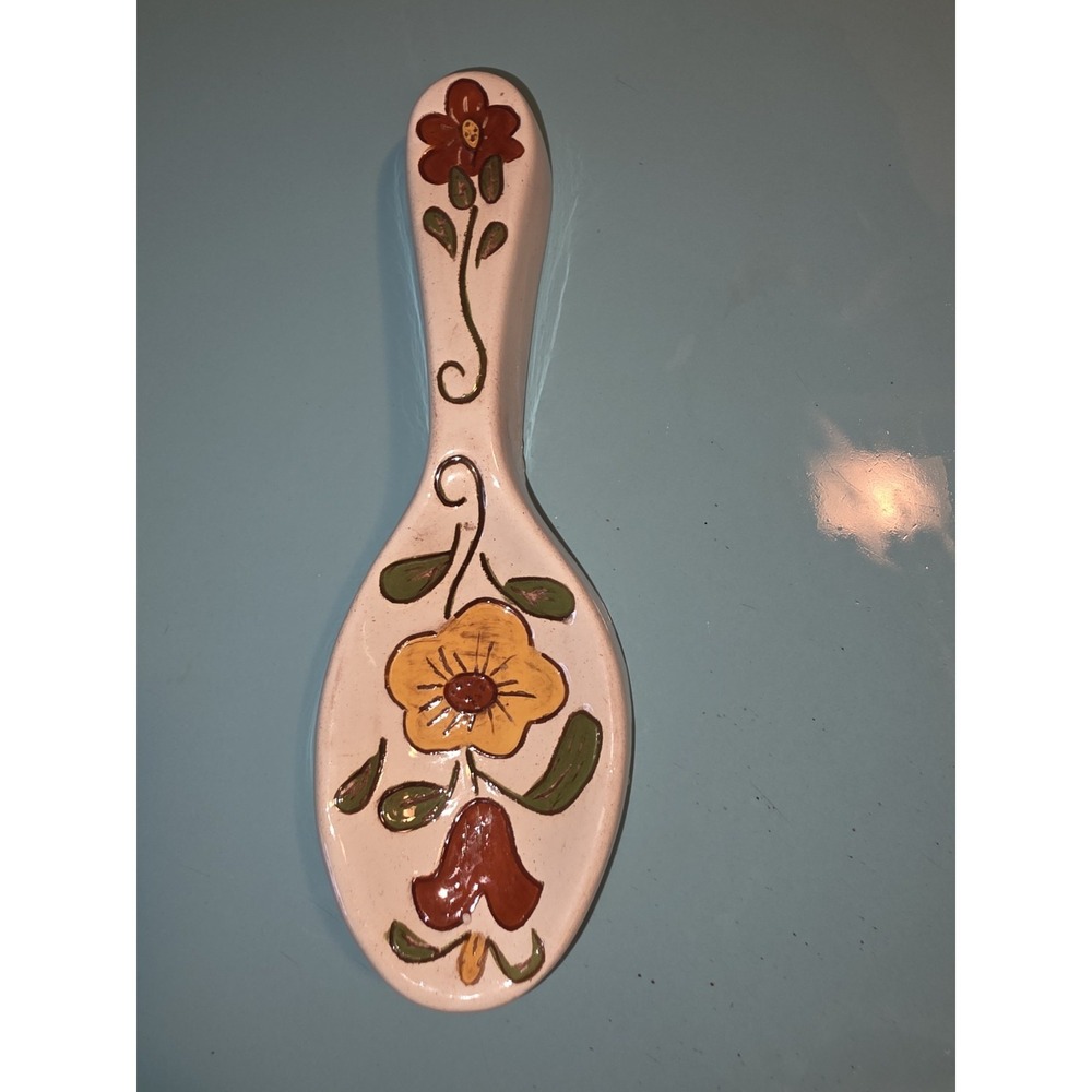 Vintage Hand Painted Ceramic Spoon Rest Folk Art Floral Kitchen Decor 9.5" White